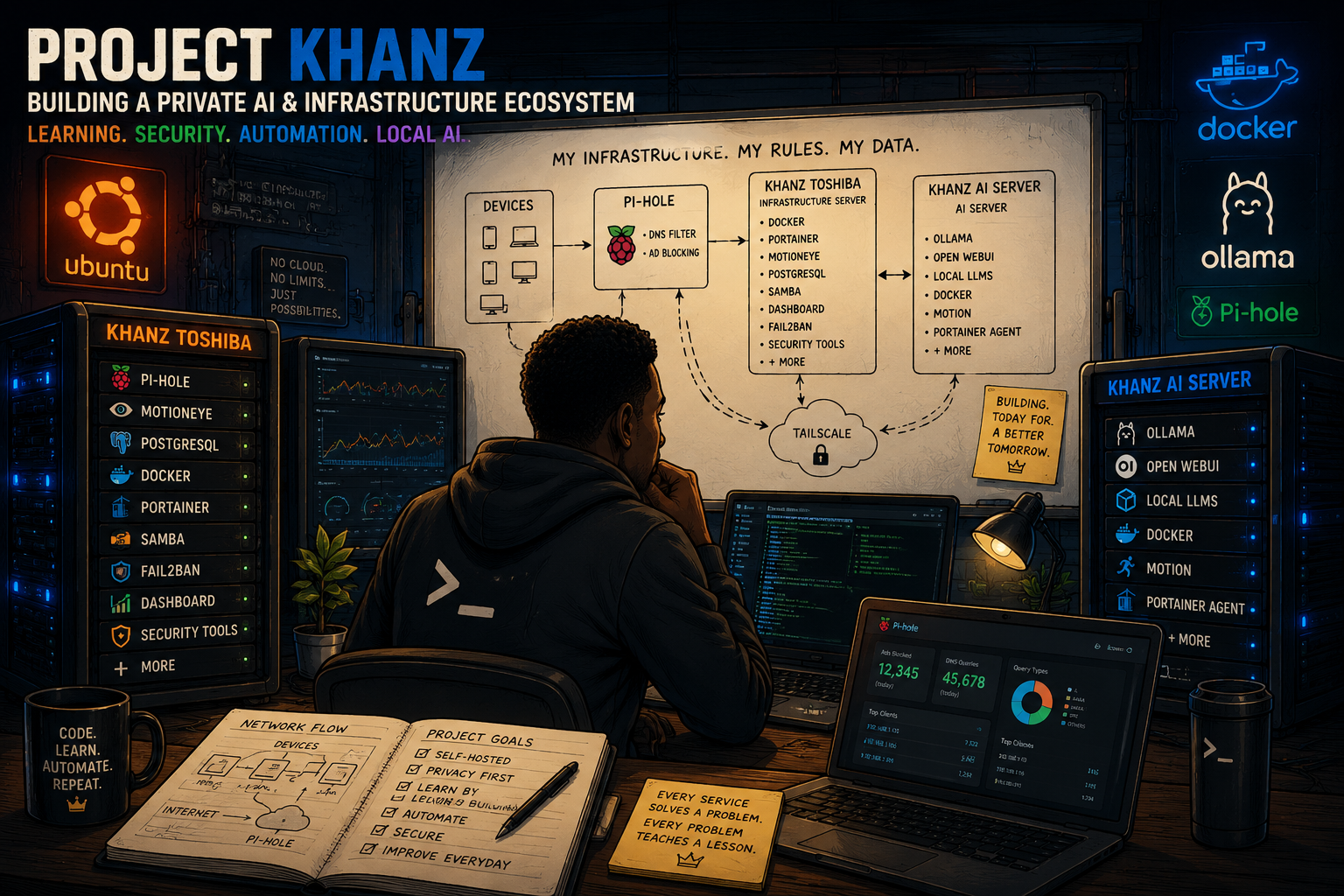 Illustrated Project Khanz overview showing the Ubuntu infrastructure server, AI server, Docker, Pi-hole and private network ecosystem.